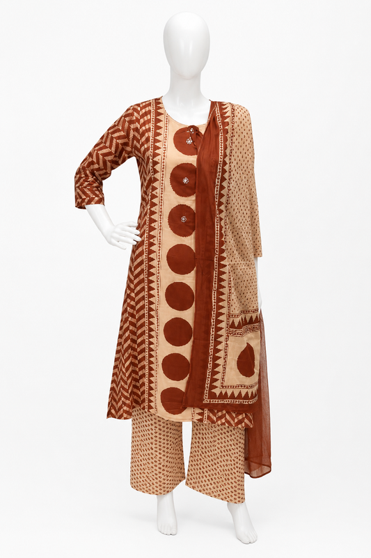 Rust & Beige Block Print Cotton 3-Piece Suit Set