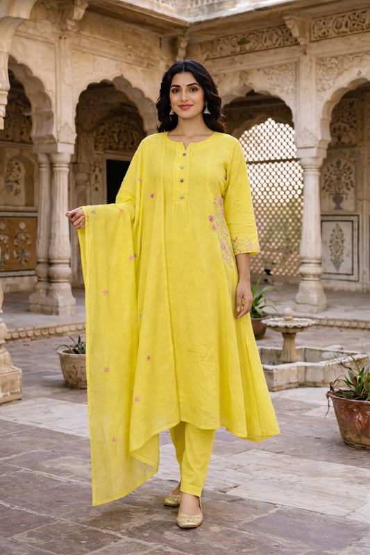 Yellow Embroidered Kurta Set with Dupatta | Floral Thread Work | 3-Piece Ethnic Co-ord