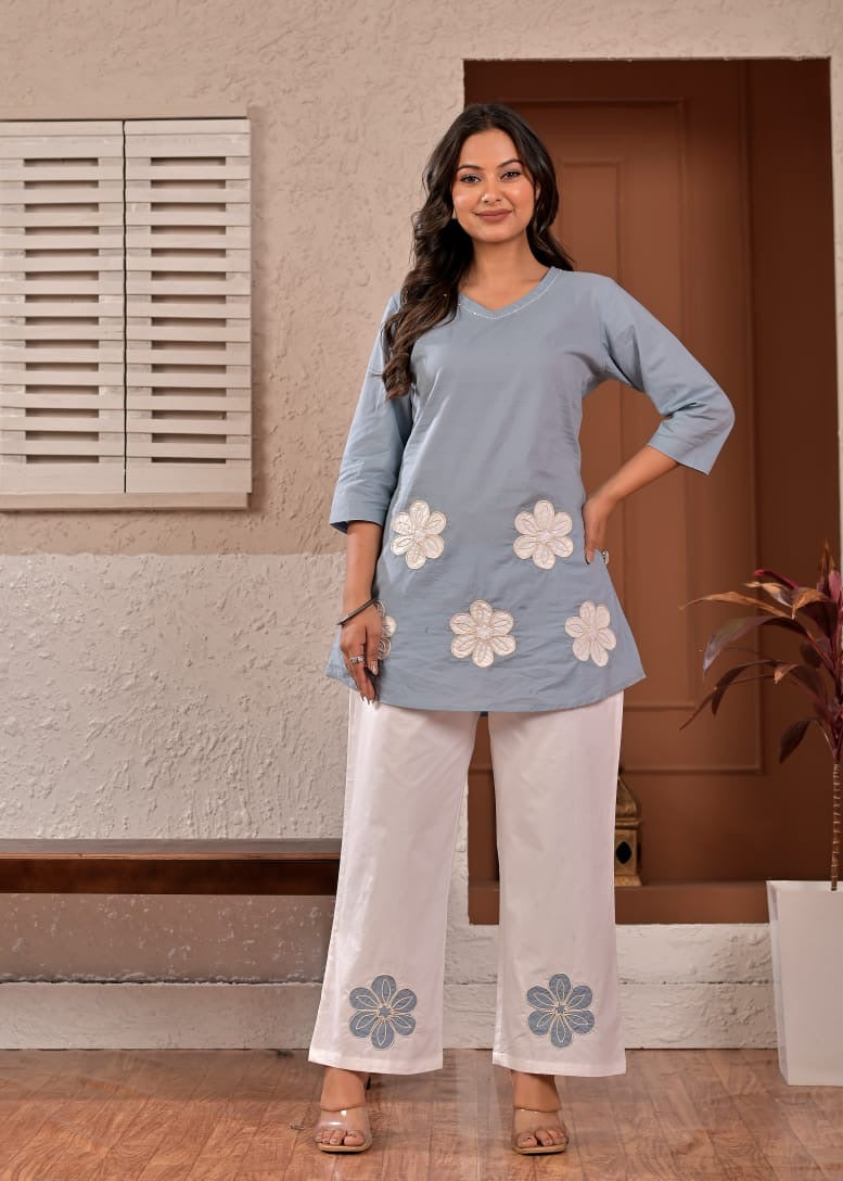 Blue Bloom Floral Appliqué Cotton Coord Set
