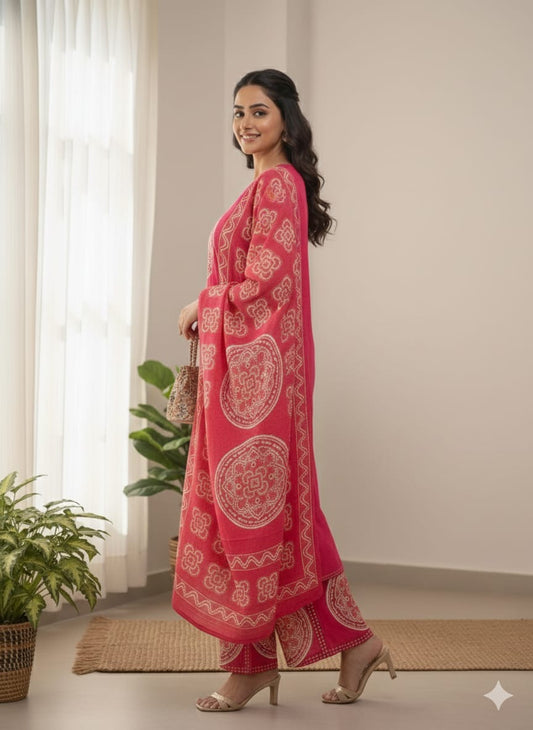 Pink Mandala Embroidered Kurta Set with Bandhani print Dupatta