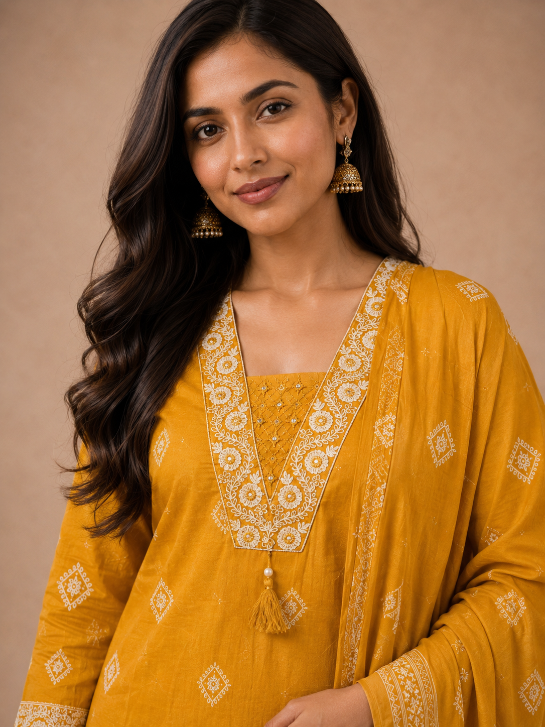 Mustard Embroidered Cotton 3-Piece Suit