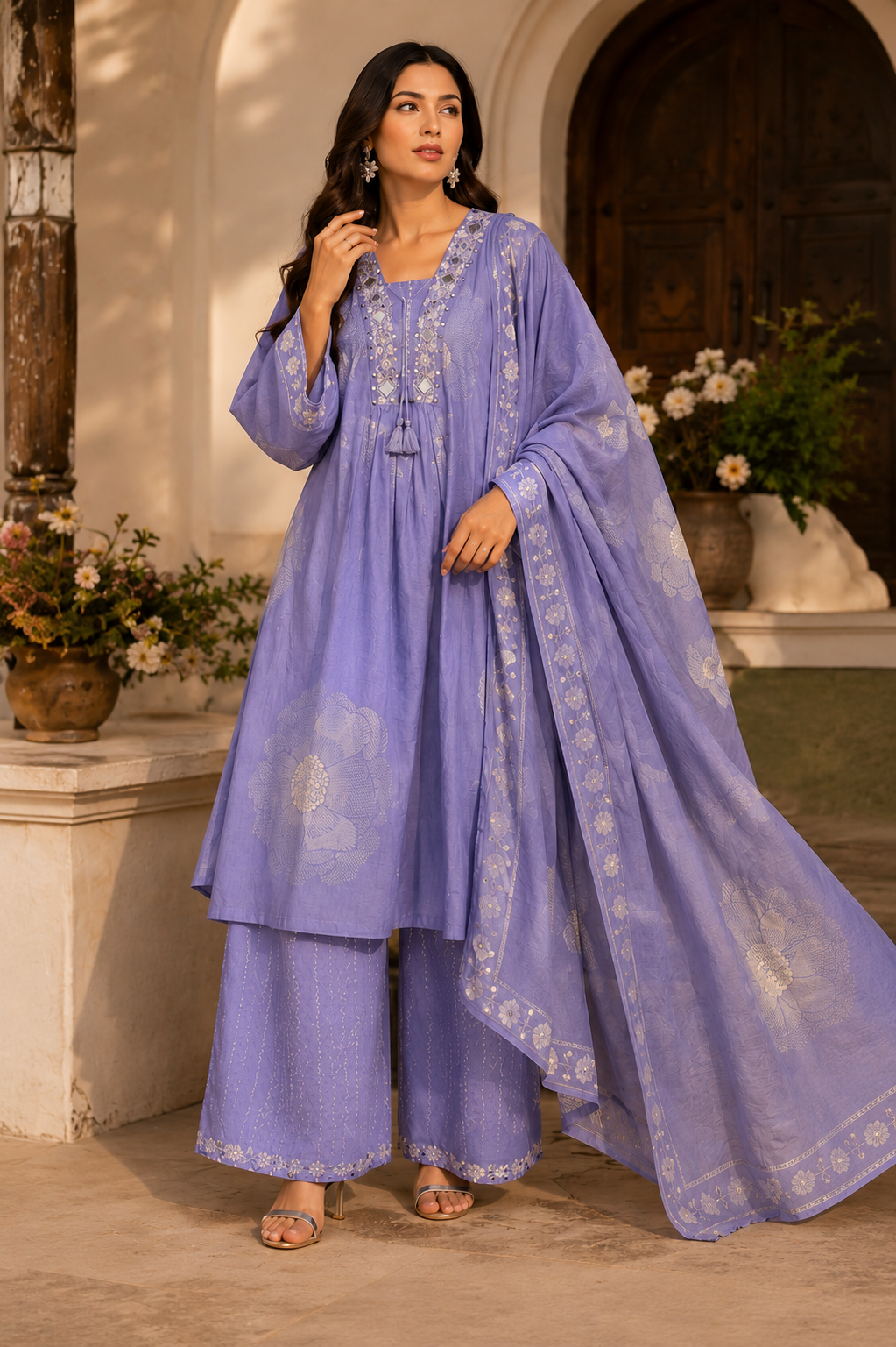 Lavender Bloom 3-Piece Cotton Kurta Set | Palazzo & Dupatta | Plus Size (3XL–6XL)