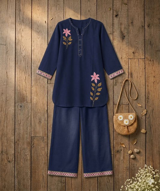 Navy Blue Floral Embroidered Kurta & Palazzo Coord Set
