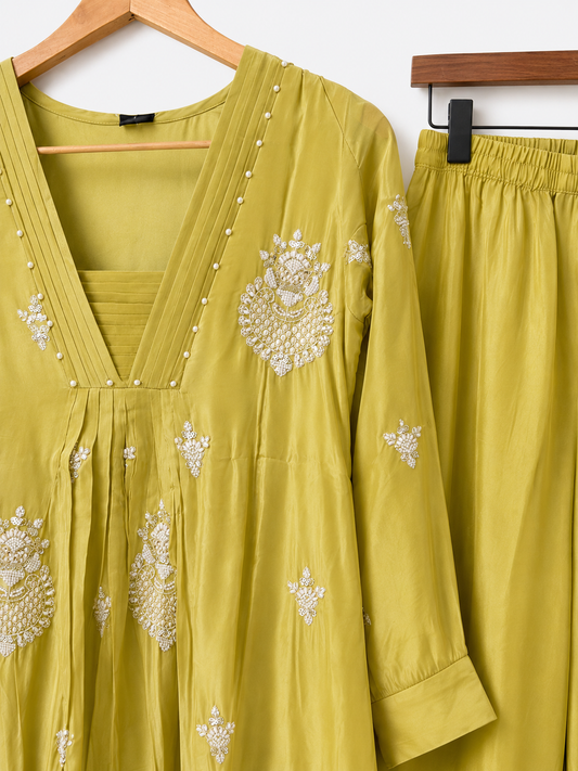 Pista Green Embroidered Chinnon Anarkali 3-Piece Suit Set