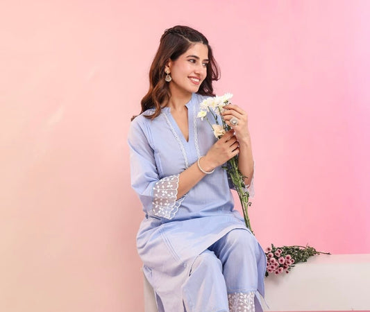 Sky Blue Asymmetric Kurta Co-ord Set with Schiffli Lace