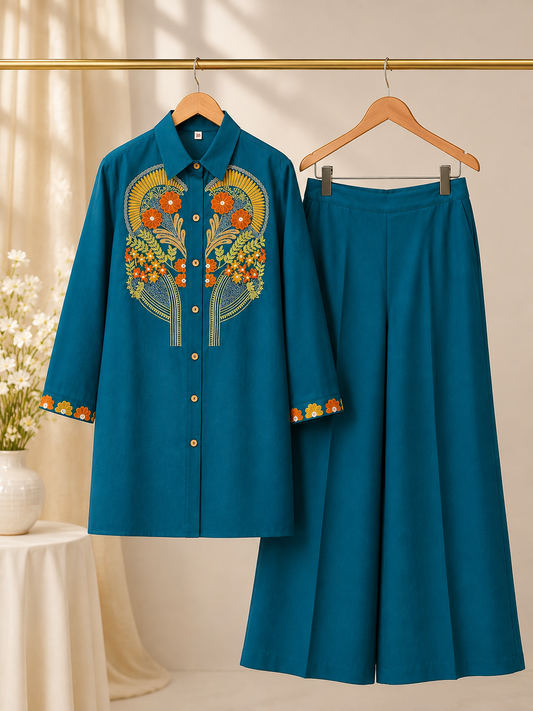 Teal Floral Embroidered Shirt & Palazzo Coord Set
