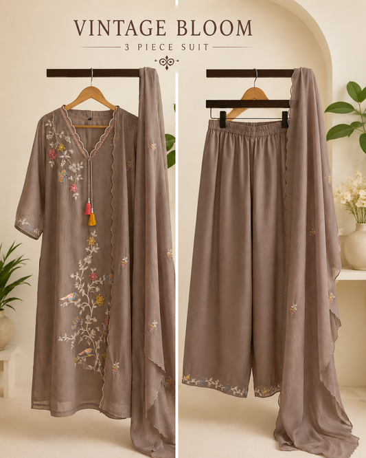 Vintage Bloom 3 Piece Suit – Embroidered Kurta, Pants & Dupatta