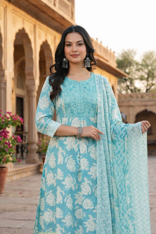 Firozi Floral Block Print Anarkali Kurta Set with Dupatta