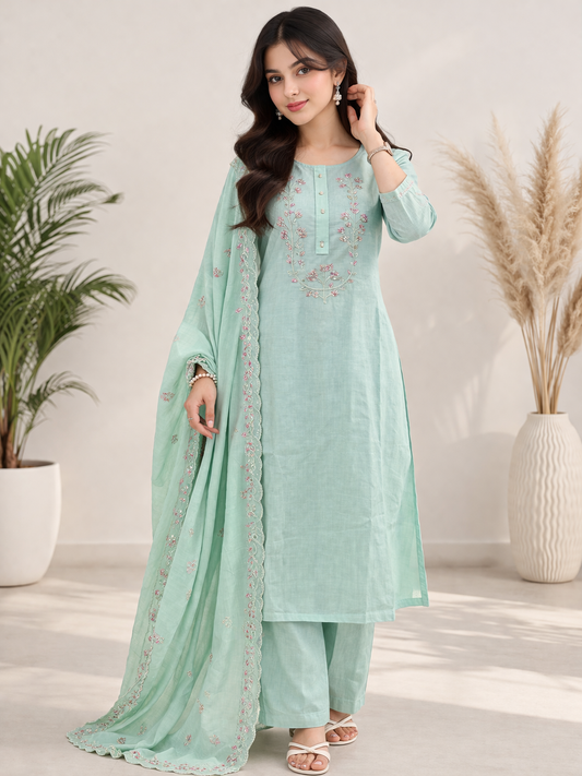 Mint Bloom Embroidered Cotton Kurta Set with Dupatta