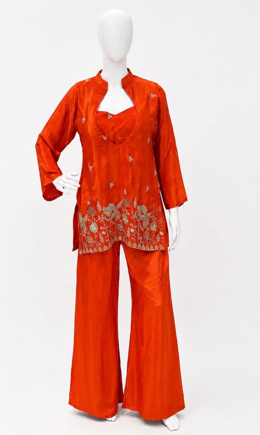 Crimson Bloom 3-Piece Coord Set | Zari Embroidered Kurti, Inner & Palazzo