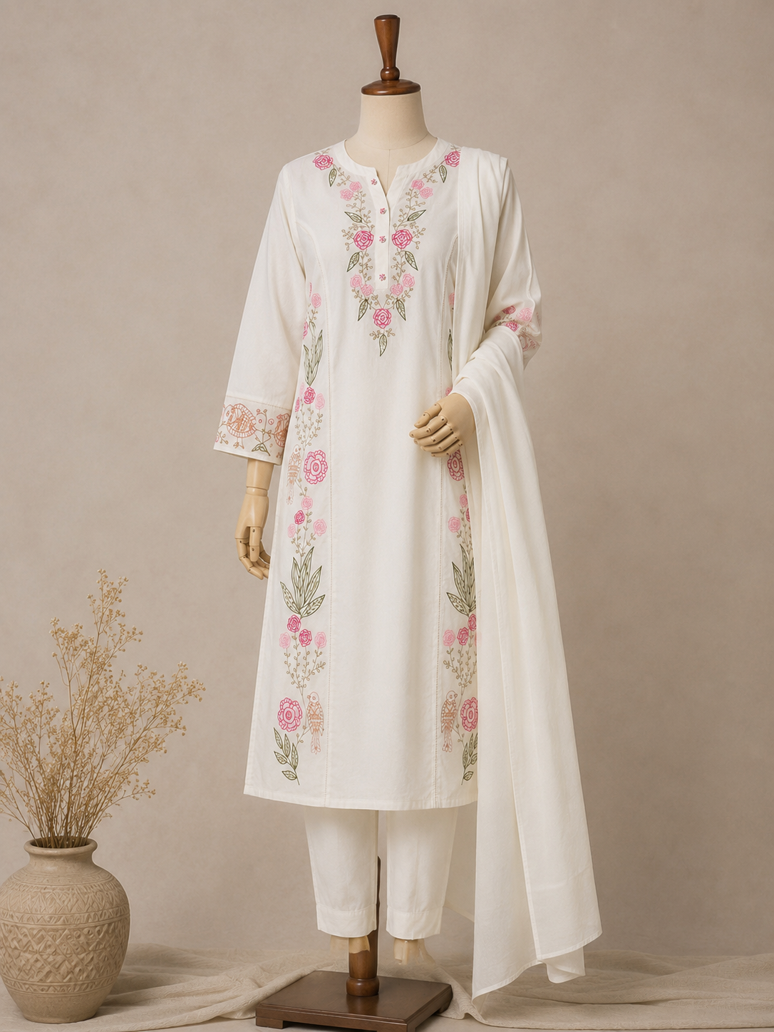 Ivory Garden — Floral Embroidered Kurta Set with Dupatta