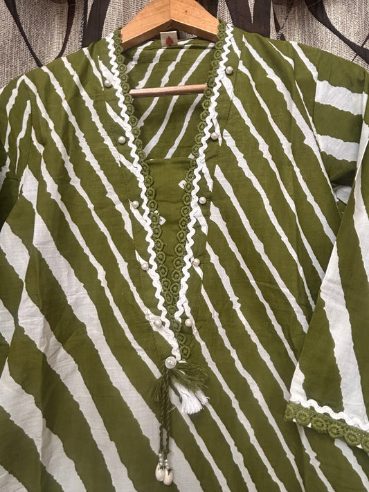 Olive Green Leheriya Kurta with Bandhani Afghani Pants & Dupatta