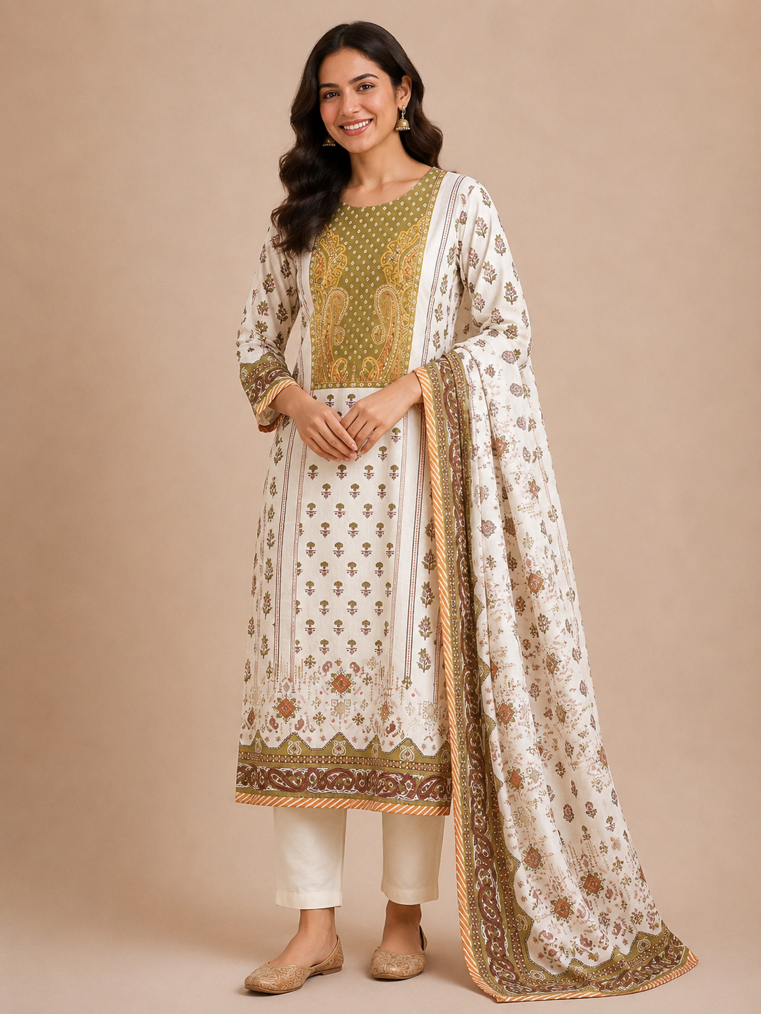 Ivory & Olive Floral Printed Poly Chinnon 3-Piece Suit Set