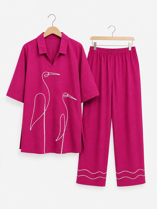 Rani Pink Crane Embroidered Pure Cotton Coord Set
