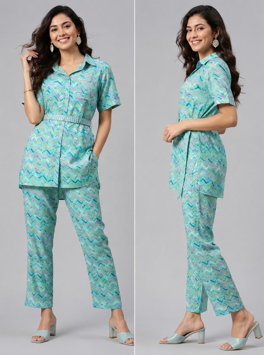 Teal Chevron Print Shirt & Trouser Co-ord Set with Embellished Belt