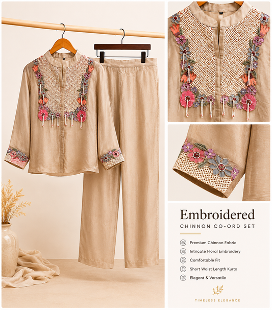 Chinnon Embroidered Coord Set with Floral Yoke & Pearl Bead Tassels