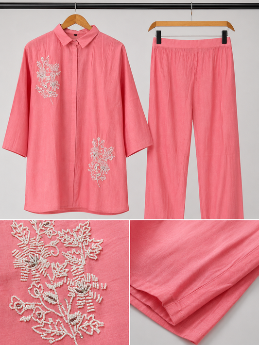 Rose Bloom Pearl Embroidered Cotton Coord Set