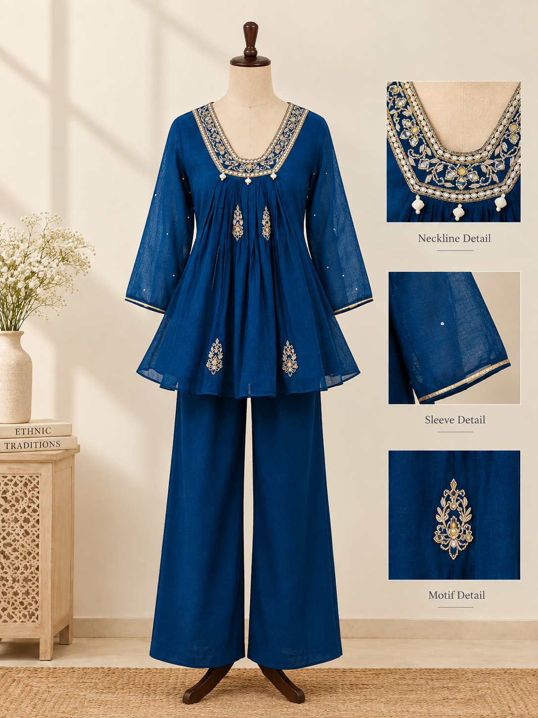 Teal Zari Embroidered Chinnon Coord Set