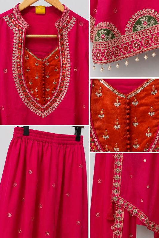 Rani Pink Embroidered Georgette Kurta Set | Contrast Rust Yoke | Palazzo & Dupatta