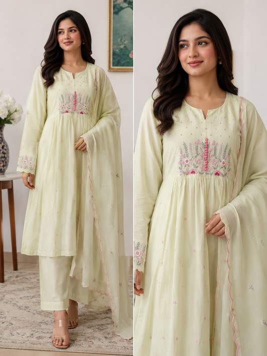 Sage Bloom 3-Piece Mul Cotton Kurta Set