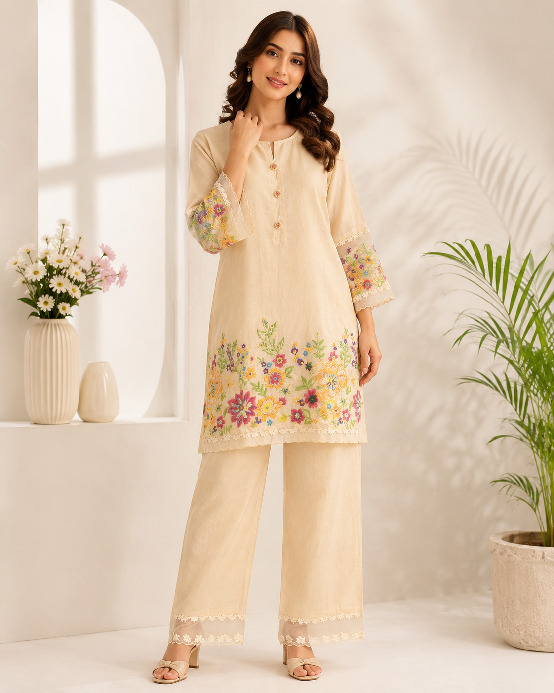 Beige Garden Bloom 2-Piece Coord Set