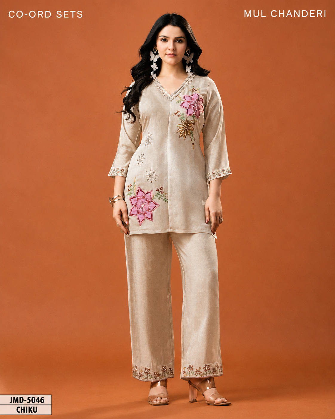Chiku Mul Chanderi Moti Work Coord Set | Resham Embroidery & Beaded Moti | Kurta with Wide-Leg Palazzo