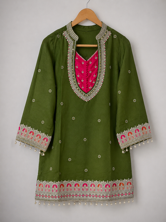Olive Green Embroidered Georgette Kurta Set | Contrast Rani Pink Yoke | Palazzo & Dupatta
