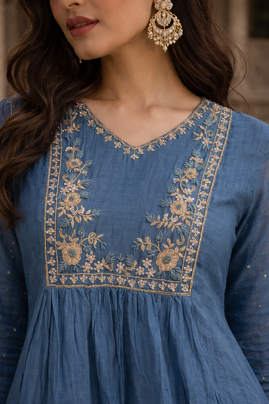 Indigo Bloom Coord Set with Zari & Resham Embroidered Yoke