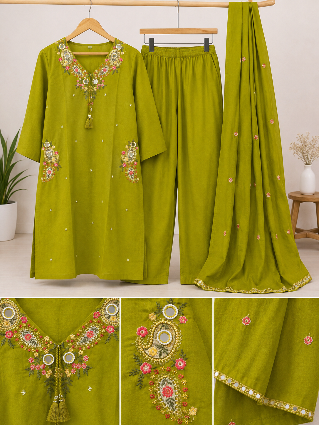 Olive Bloom 3-Piece Embroidered Kurta Set