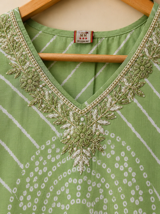 Sage Green Leheriya & Bandhani Kurta Set with Pearl Zari Embroidery