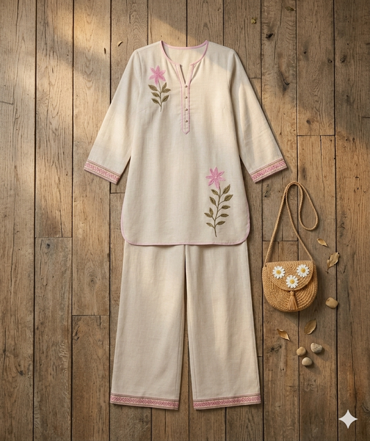 Ivory Bloom Khadi Cotton Coord Set