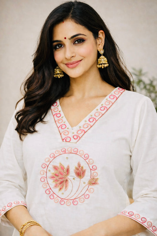 White Lotus Embroidered Straight Kurti