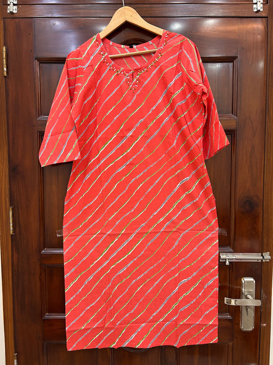 Coral Leheriya Kurti with Hand-Embellished Neckline