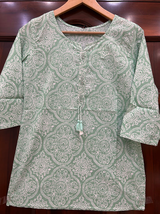 Sage Mandala Block Print Kurti with Tassel Tie
