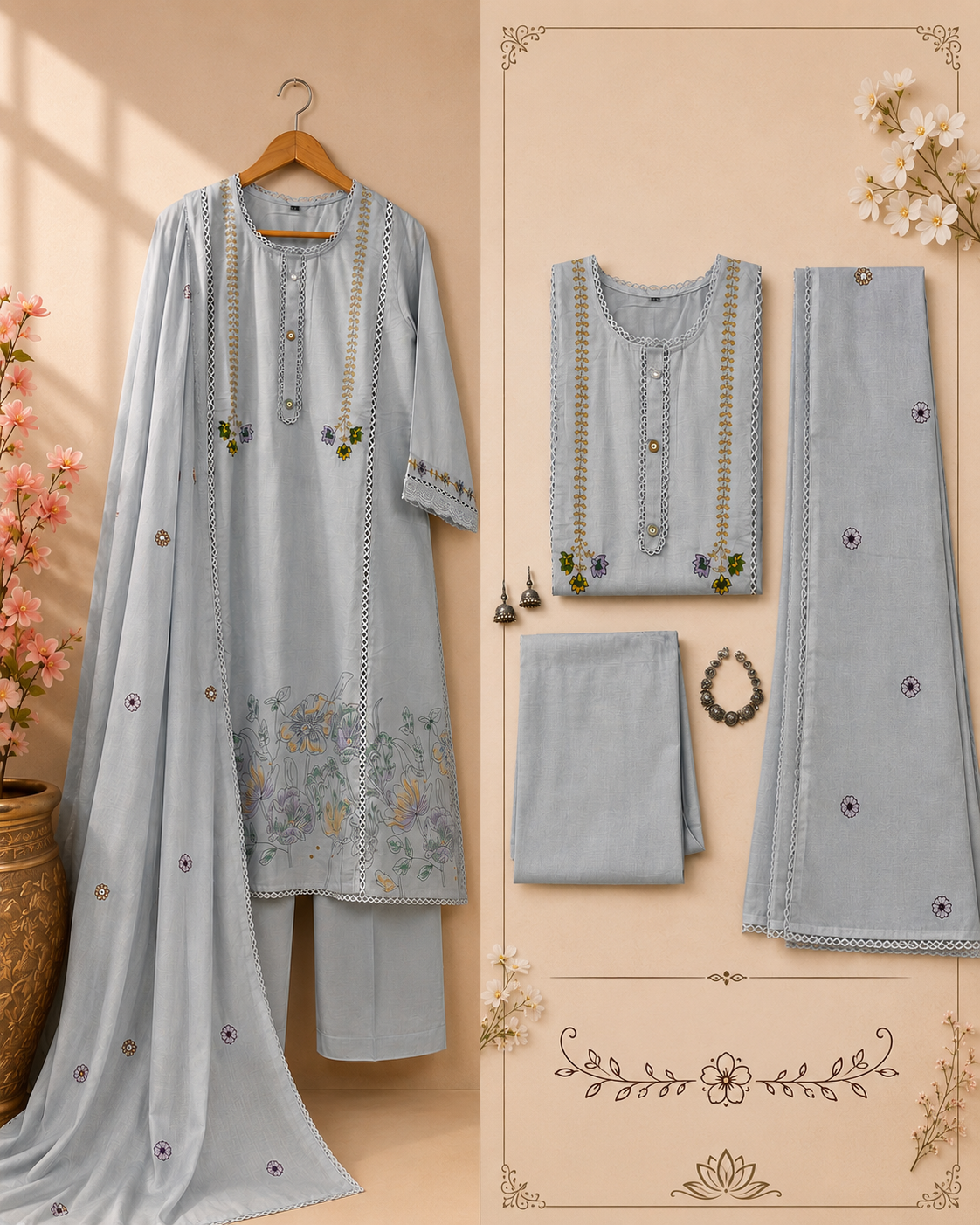 Powder Blue Floral Sketch Embroidered 3-Piece Cotton Kurta Set