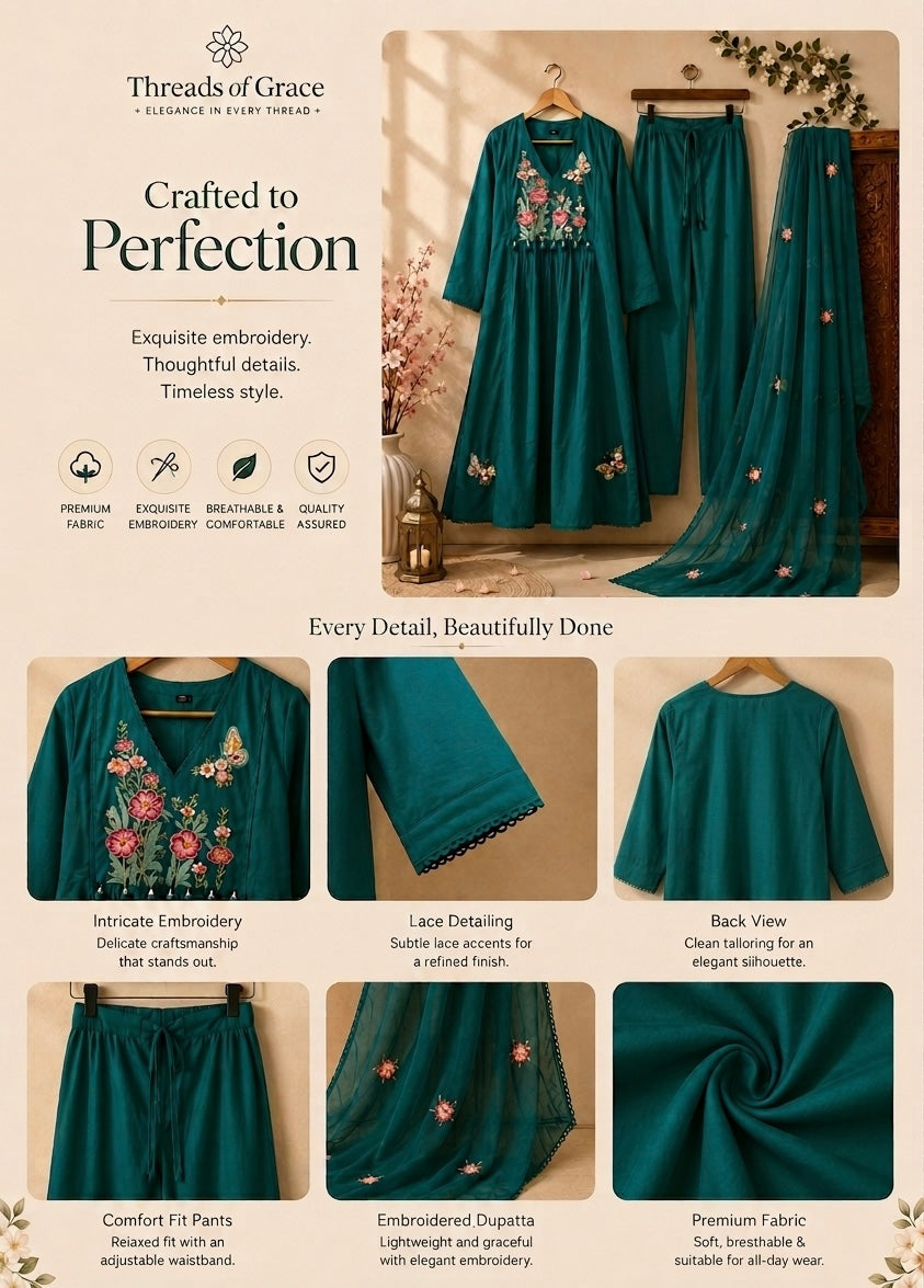 Teal Bloom Embroidered 3-Piece Kurta Set