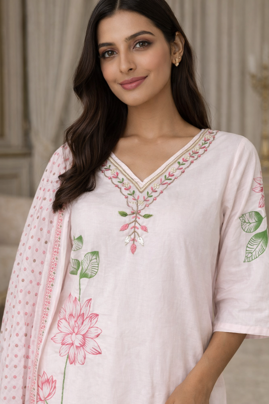 Baby Pink Cotton Lotus Print Kurti Set with Embroidered Neck & Printed Dupatta