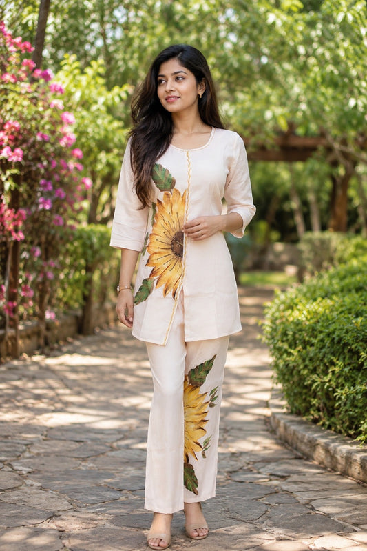 Off-White Sunflower Hand-Painted Cotton Coord Set