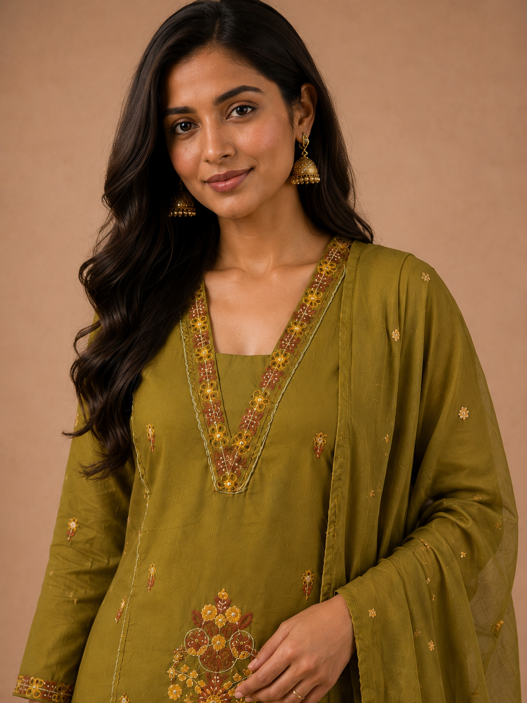 Olive Bloom Embroidered Cotton 3-Piece Suit