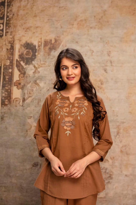 Amber Bloom Embroidered Kurti & Pant Coord Set