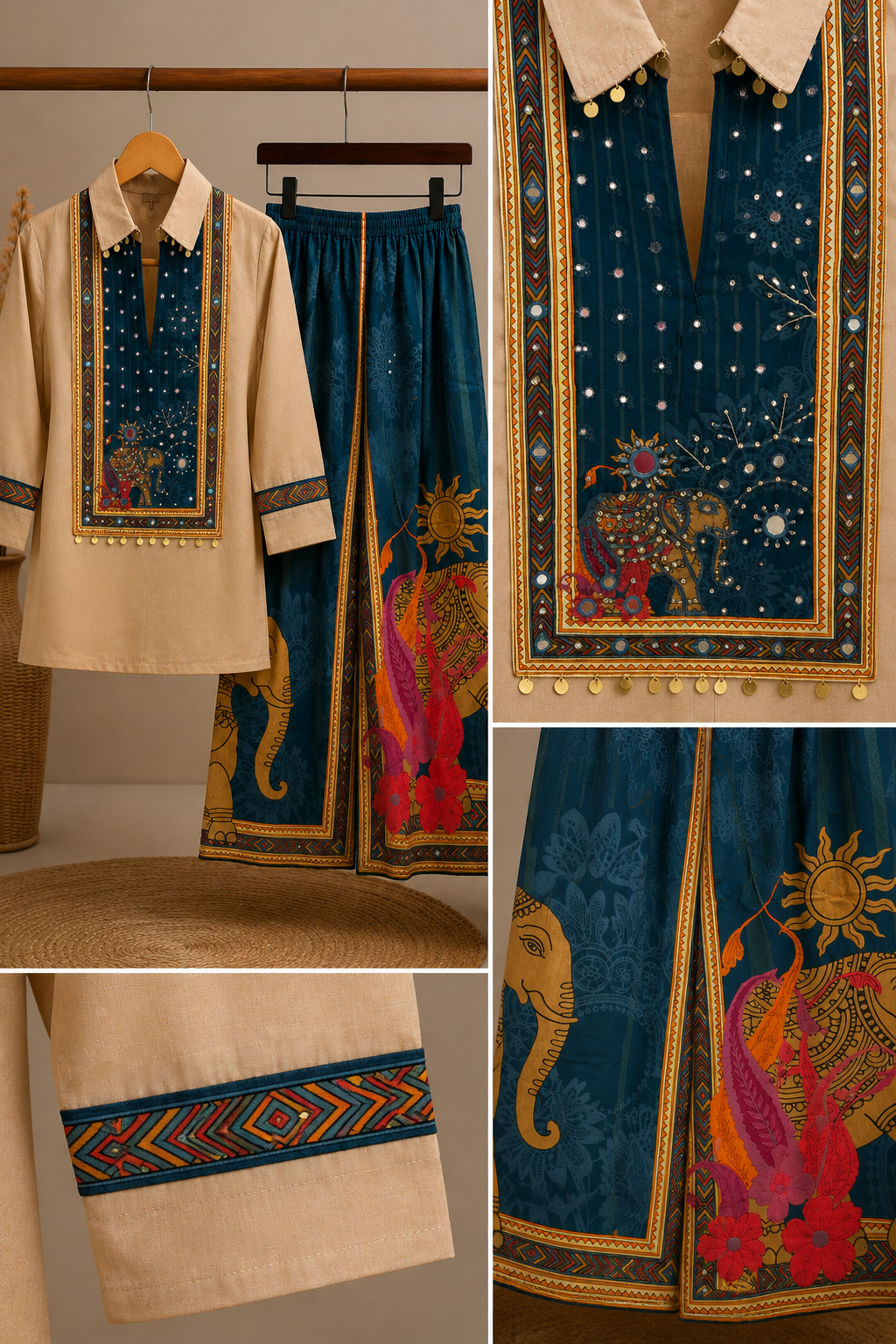 Celestial Gaj Coord Set – Light Brown Embroidered Kurta with Mirror Work & Teal Jacquard Printed Wide-Leg Palazzo