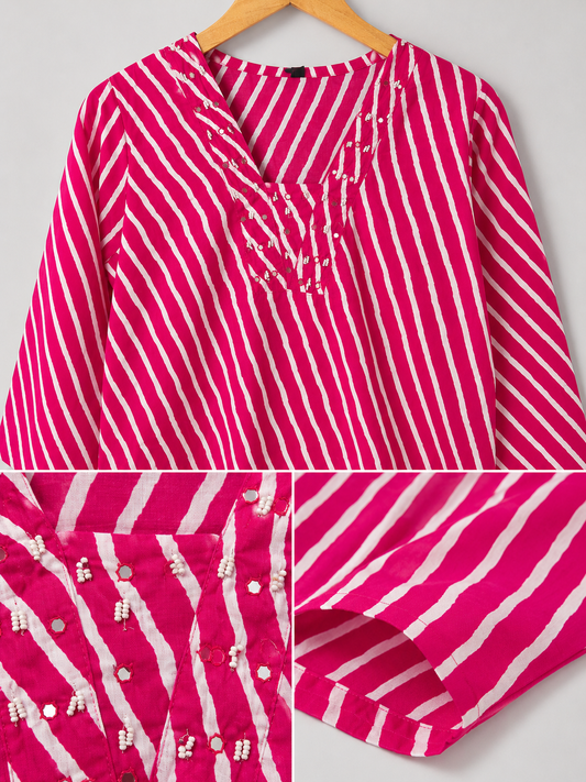 Rani Pink Leheriya Kurti with Mirror & Bead Embellished Yoke