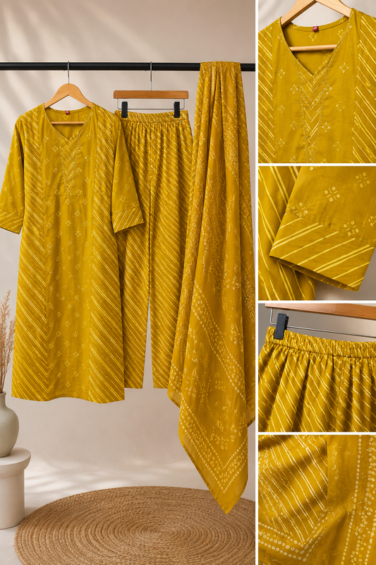 Mustard Yellow Bandhani Leheriya 3-Piece Kurta Set with Dupatta