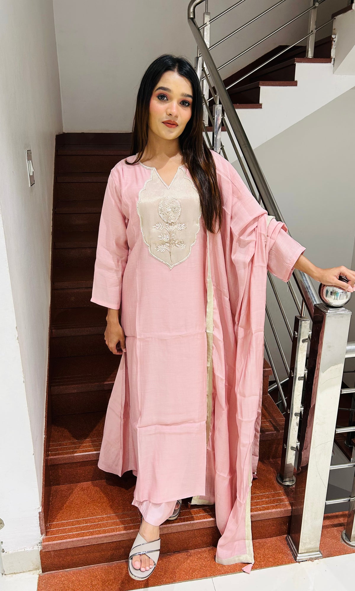 Blush Pink Zardozi Motif Mul Cotton 3-Piece Suit Set