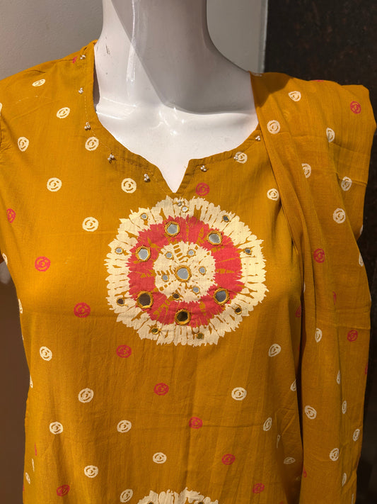 Mustard Yellow Shibori & Mirror Work 3-Piece Cotton Suit Set