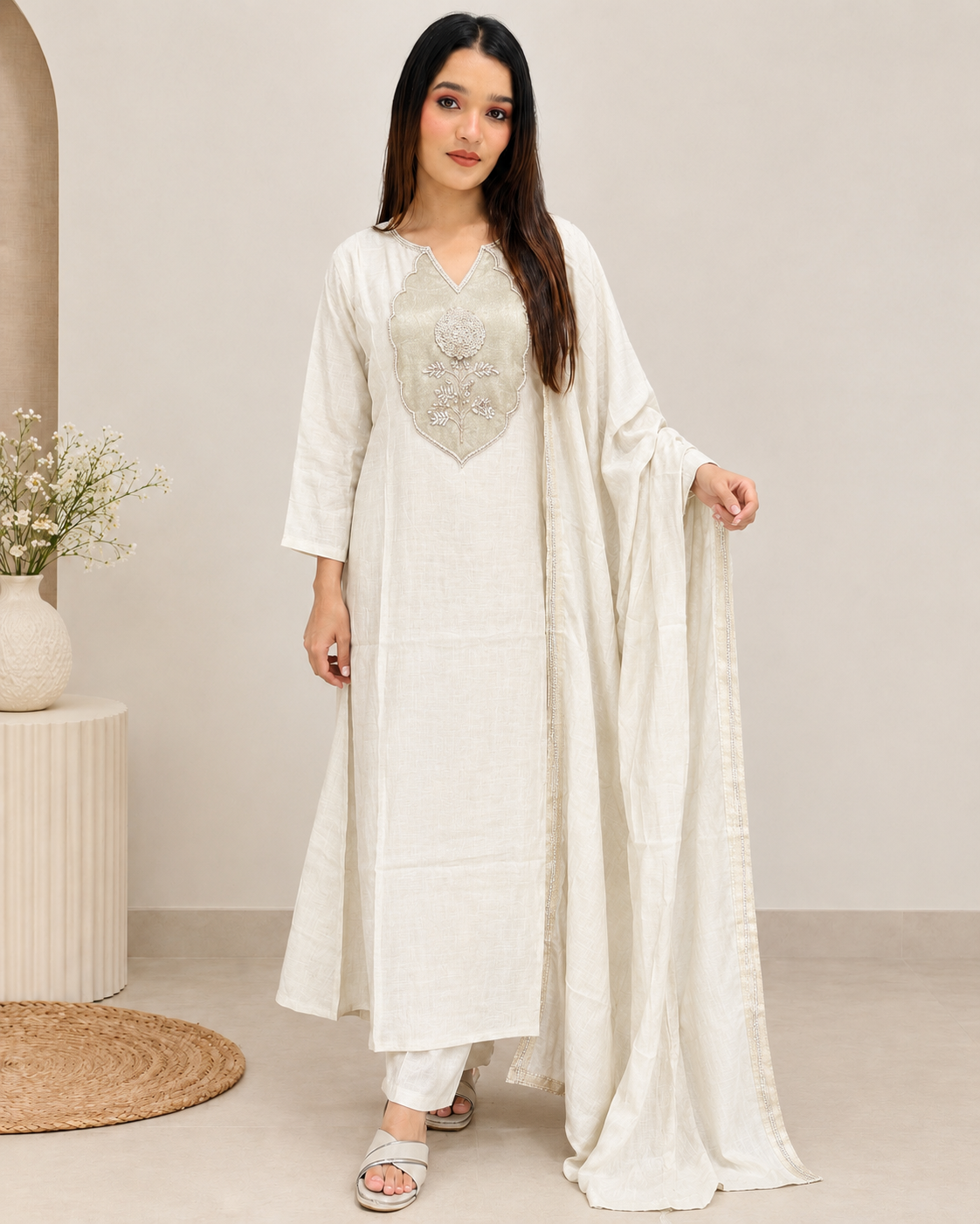 Off-White Zardozi Motif Mul Cotton 3-Piece Suit Set