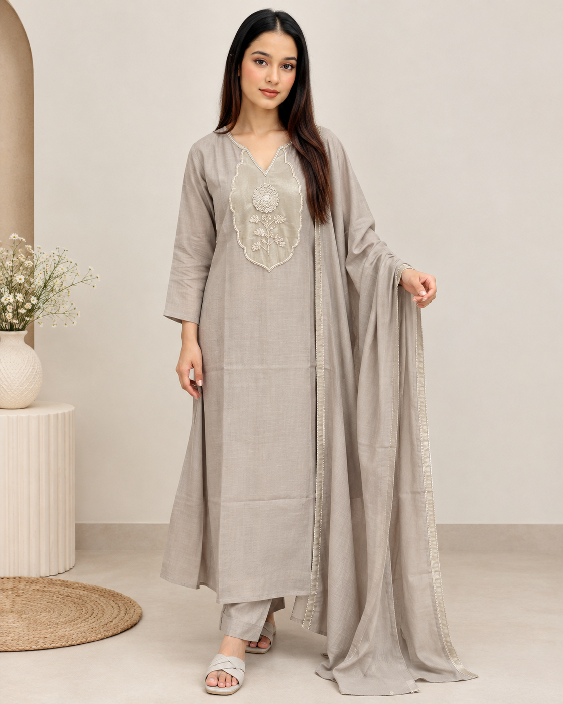 Warm Grey Zardozi Motif Mul Cotton 3-Piece Suit Set