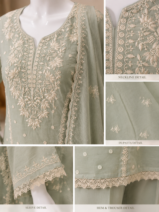 Sage Elegance – Embroidered 3-Piece Chikankari Suit