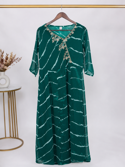 Emerald Green Leheriya Anarkali Gown with Zardozi Embroidery
