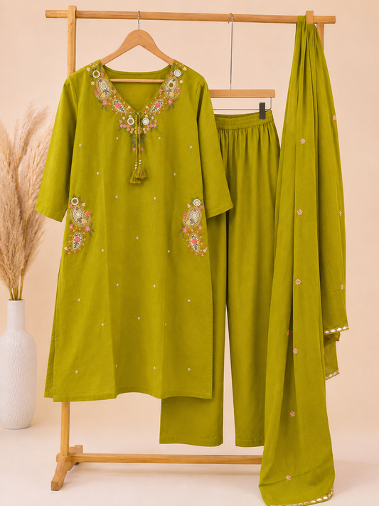 Olive Bloom 3-Piece Embroidered Kurta Set